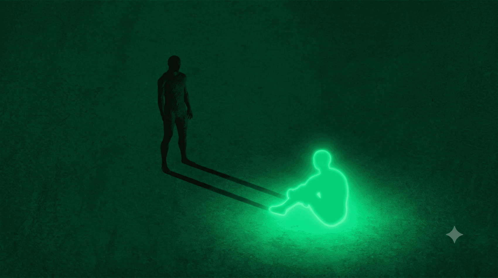 A figure sitting in the glow of its own neon outline, casting a long shadow